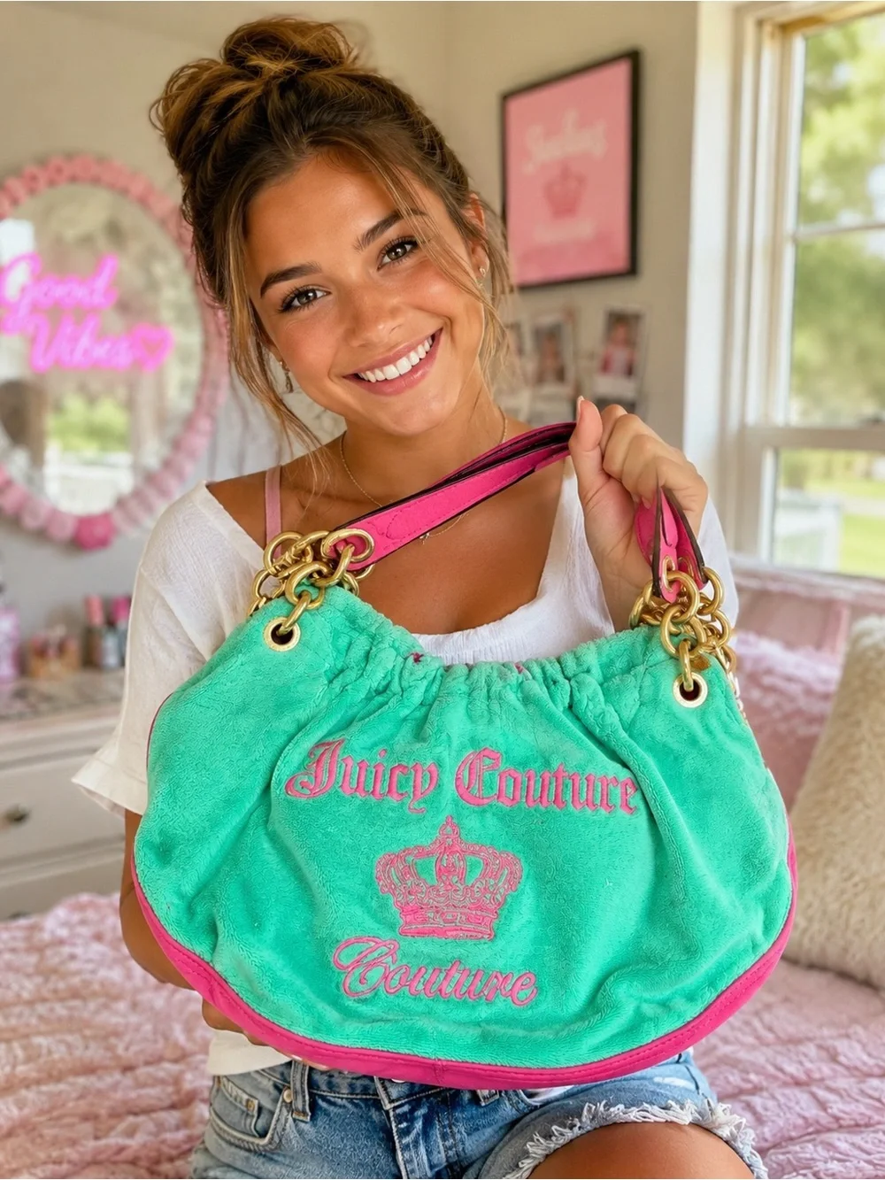 Vintage Juicy Couture 2007 Juicy Royal Velour Hobo Bag Green Pink Crown Y2K